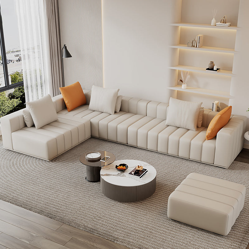 Genuine Leather Scandinavian Sofa Tuxedo Arm Sectional with Bolster Pillows