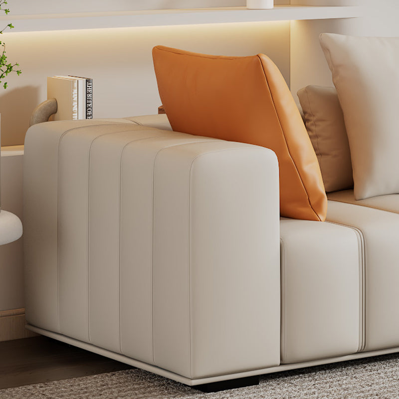 Genuine Leather Scandinavian Sofa Tuxedo Arm Sectional with Bolster Pillows