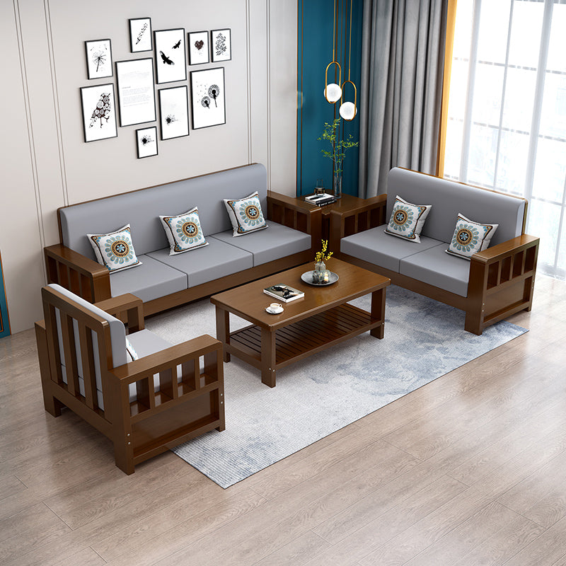 Modern Farmhouse Sofa in Solid Wood with Square Arms for Living Room