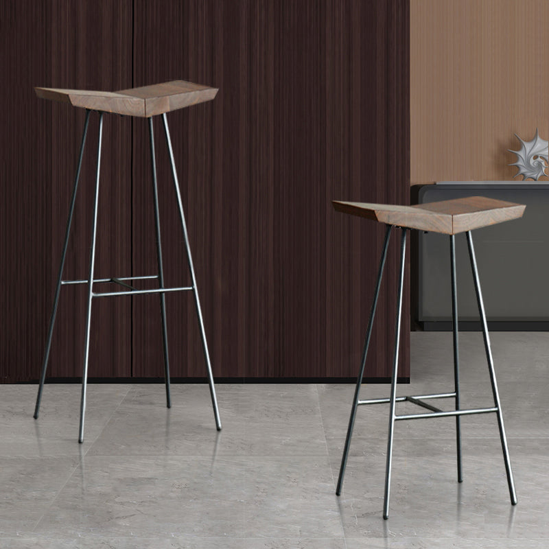Brown Pine Wood Top Counter & Bar Stools Modern Indoor Backless Stools