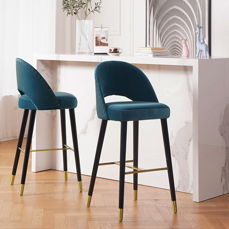 Velvet Bar Stools with Oak Wood Legs Industrial Matte Finish Indoor Stools