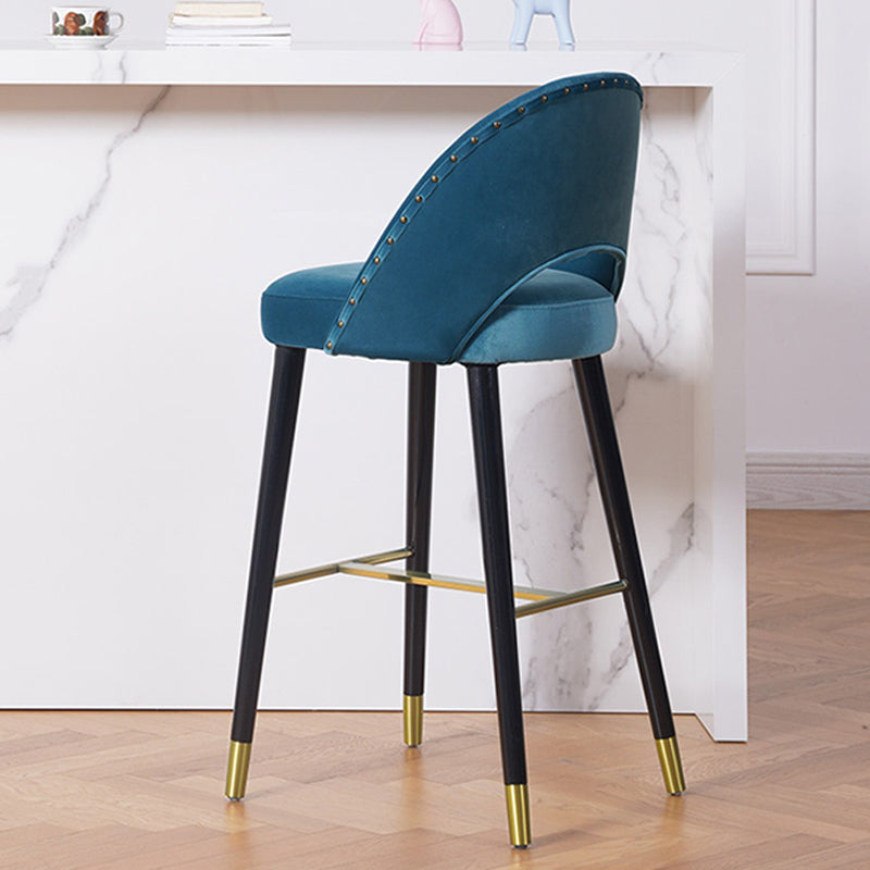 Velvet Bar Stools with Oak Wood Legs Industrial Matte Finish Indoor Stools