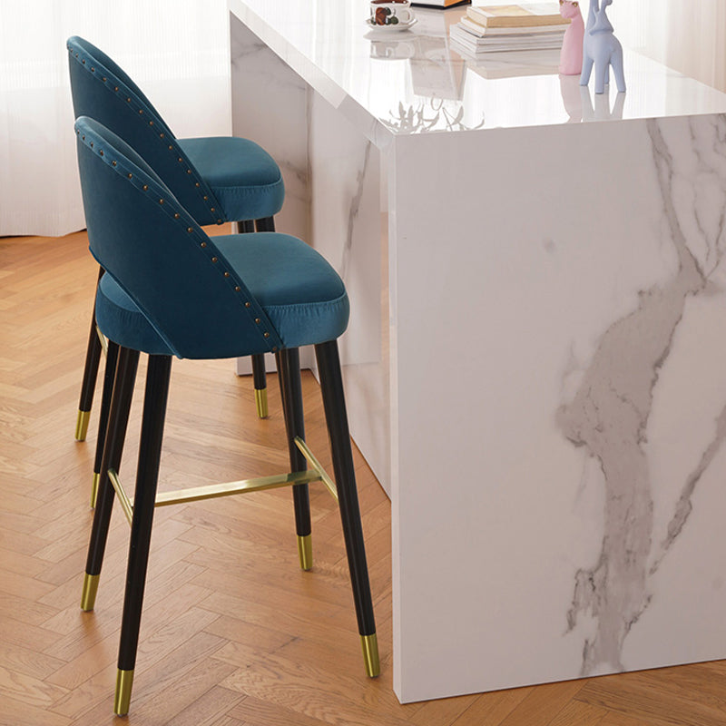 Velvet Bar Stools with Oak Wood Legs Industrial Matte Finish Indoor Stools