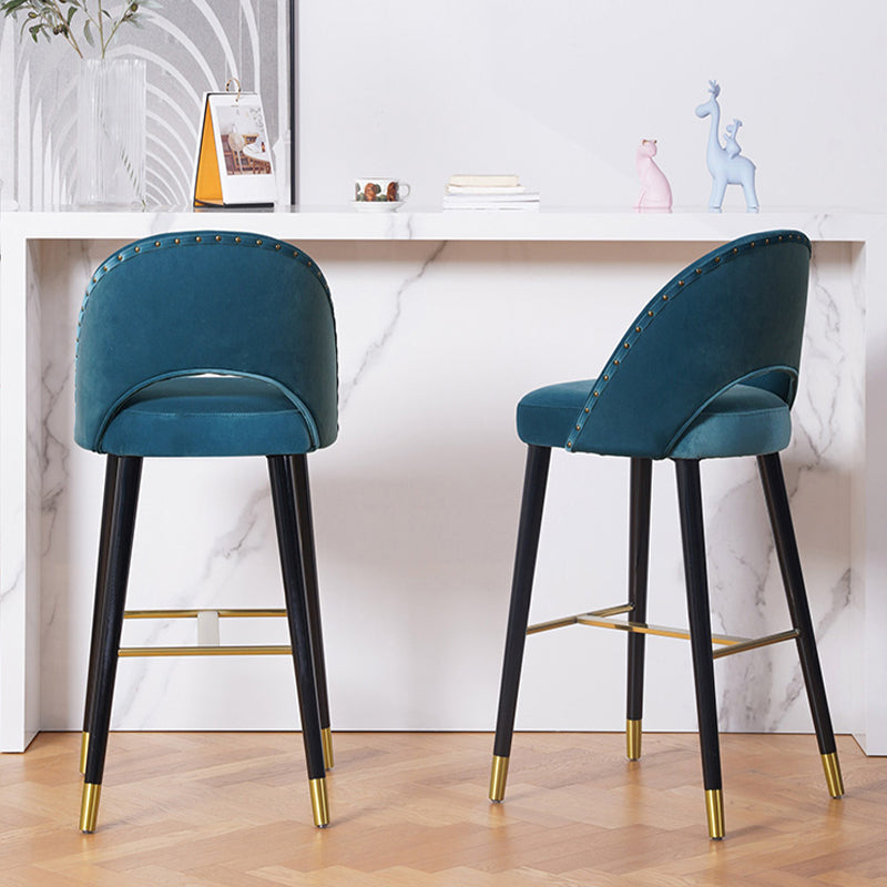 Velvet Bar Stools with Oak Wood Legs Industrial Matte Finish Indoor Stools