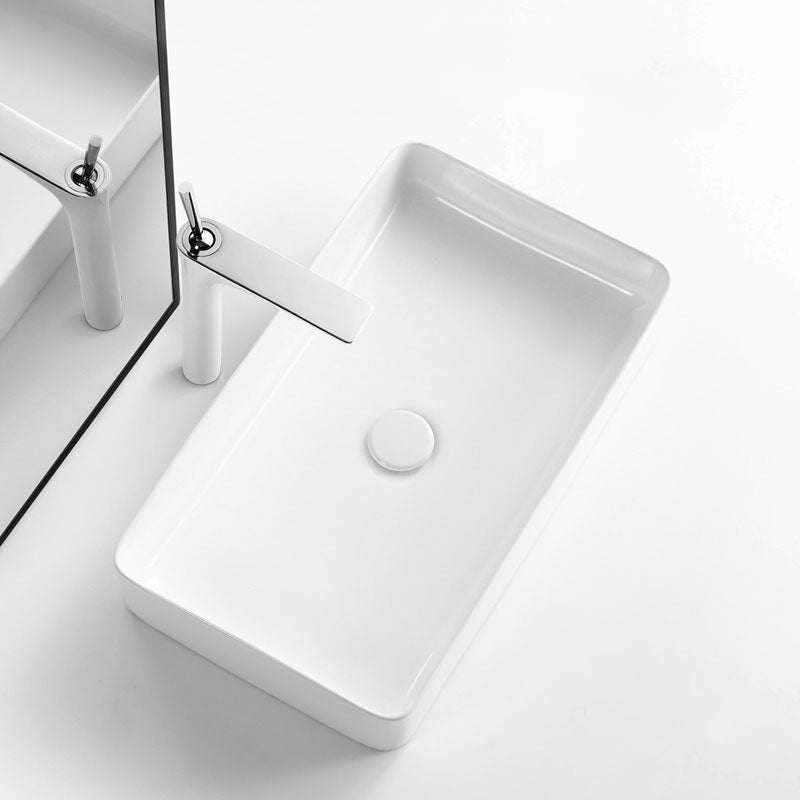 White Bathroom Sink Ceramic Rectangular Bathroom Sink with Faucet