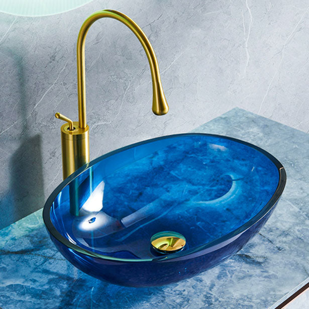 Modern Bathroom Sink Glass Oval-Shape Vessel Bathroom Sink with Pop-Up Drain