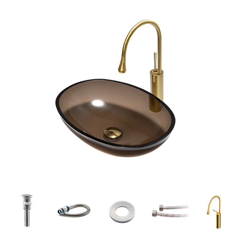 Modern Bathroom Sink Glass Oval-Shape Vessel Bathroom Sink with Pop-Up Drain