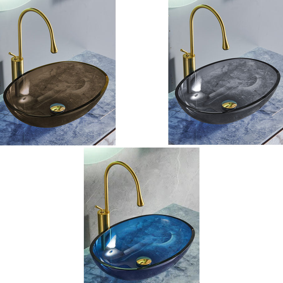 Modern Bathroom Sink Glass Oval-Shape Vessel Bathroom Sink with Pop-Up Drain