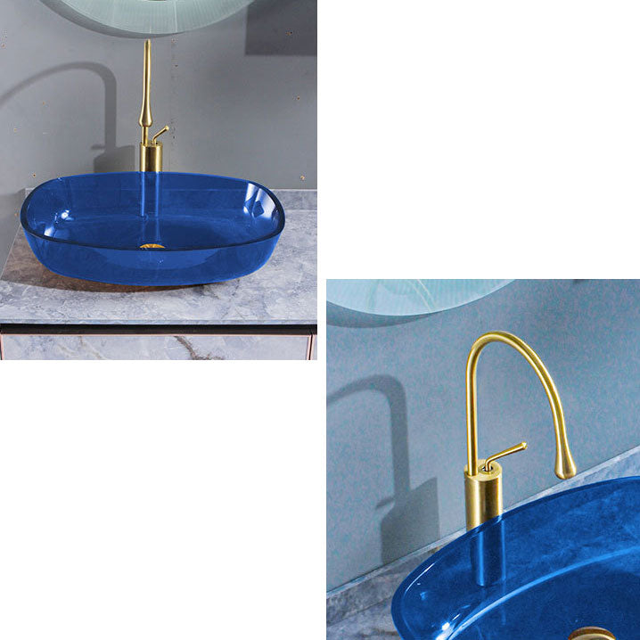 Modern Bathroom Sink Glass Oval-Shape Vessel Bathroom Sink with Pop-Up Drain