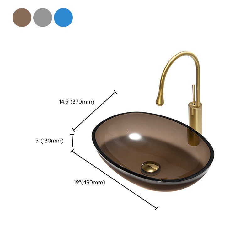 Modern Bathroom Sink Glass Oval-Shape Vessel Bathroom Sink with Pop-Up Drain