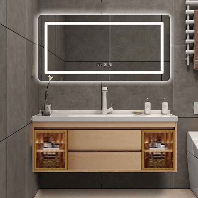 Wall Mount Vanity Mirror Single Sink Rectangle Door Wood Vanity with Drawers