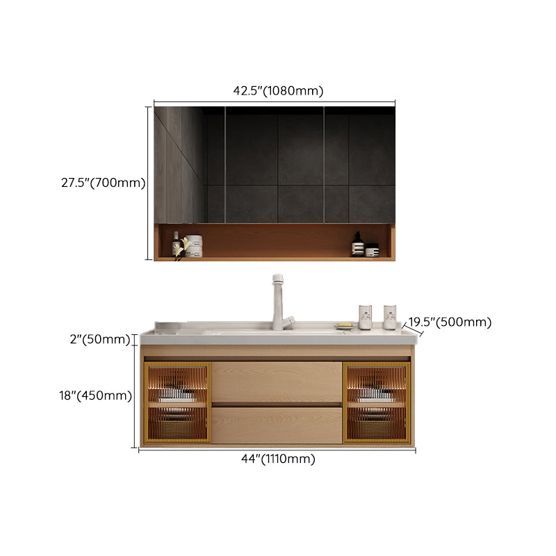 Wall Mount Vanity Mirror Single Sink Rectangle Door Wood Vanity with Drawers