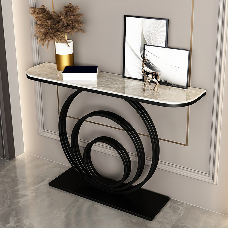 Glam Metal End Table Half Moon Stone Sofa Console Table for Hall
