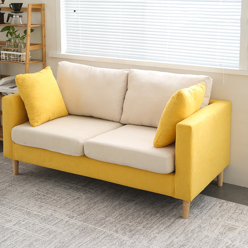 Scandinavian Linen Loveseat with Square Arms and 2 Pillows Back