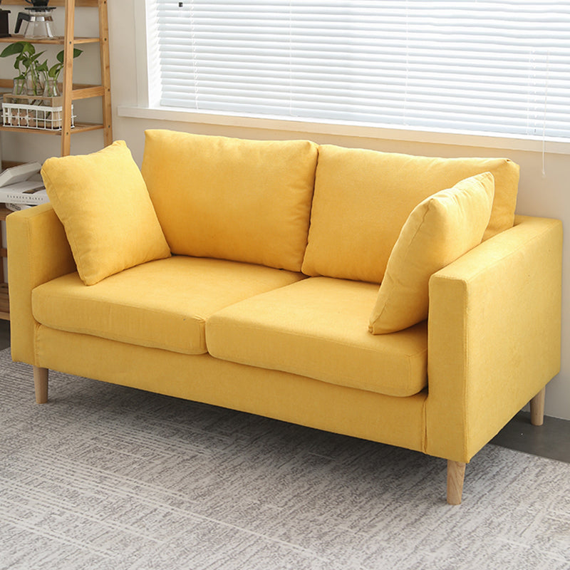 Scandinavian Linen Loveseat with Square Arms and 2 Pillows Back