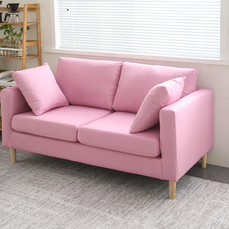 Scandinavian Linen Loveseat with Square Arms and 2 Pillows Back