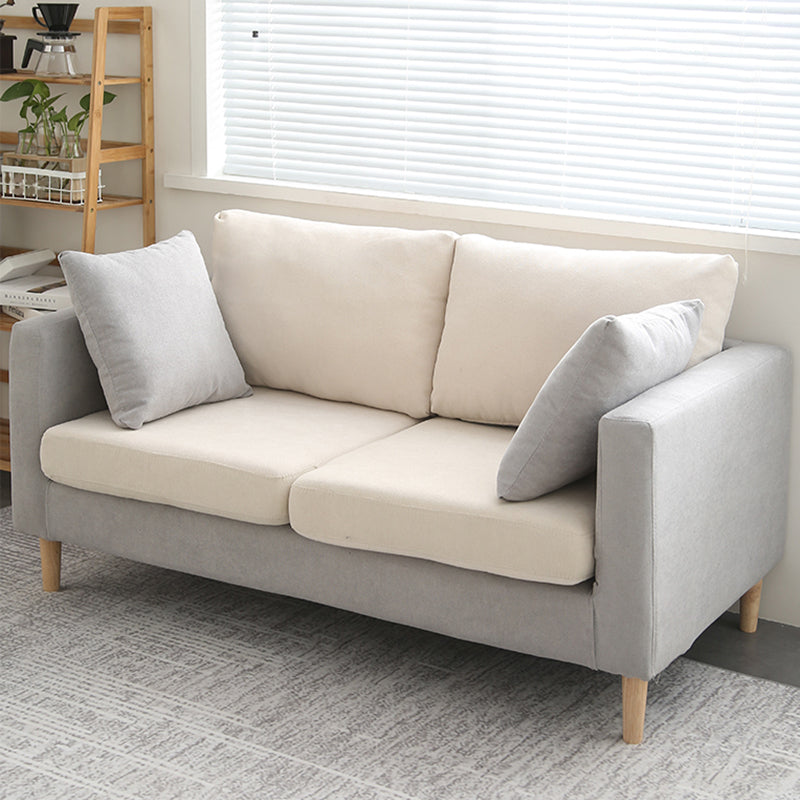 Scandinavian Linen Loveseat with Square Arms and 2 Pillows Back