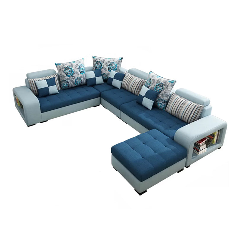 Farmhouse U Sofa in Blue Loose Back Faux Leather/Fabric Seating with Storage