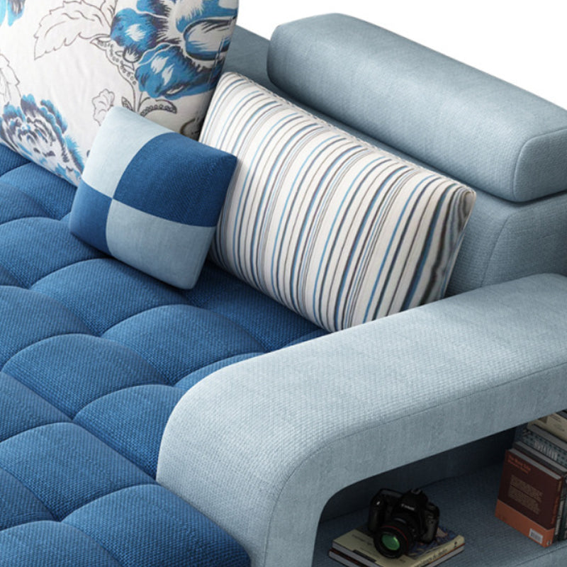 Farmhouse U Sofa in Blue Loose Back Faux Leather/Fabric Seating with Storage