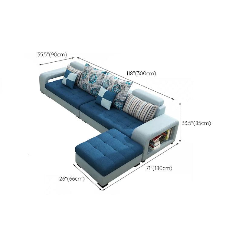 Farmhouse U Sofa in Blue Loose Back Faux Leather/Fabric Seating with Storage