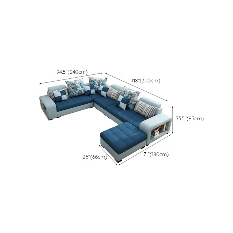 Farmhouse U Sofa in Blue Loose Back Faux Leather/Fabric Seating with Storage