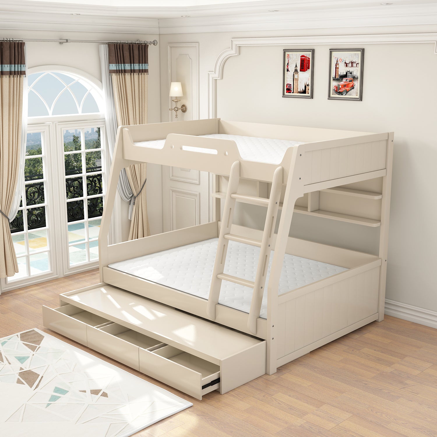 Contemporary Wood White Mattress Included with Drawers Rectangular Bunk Bed