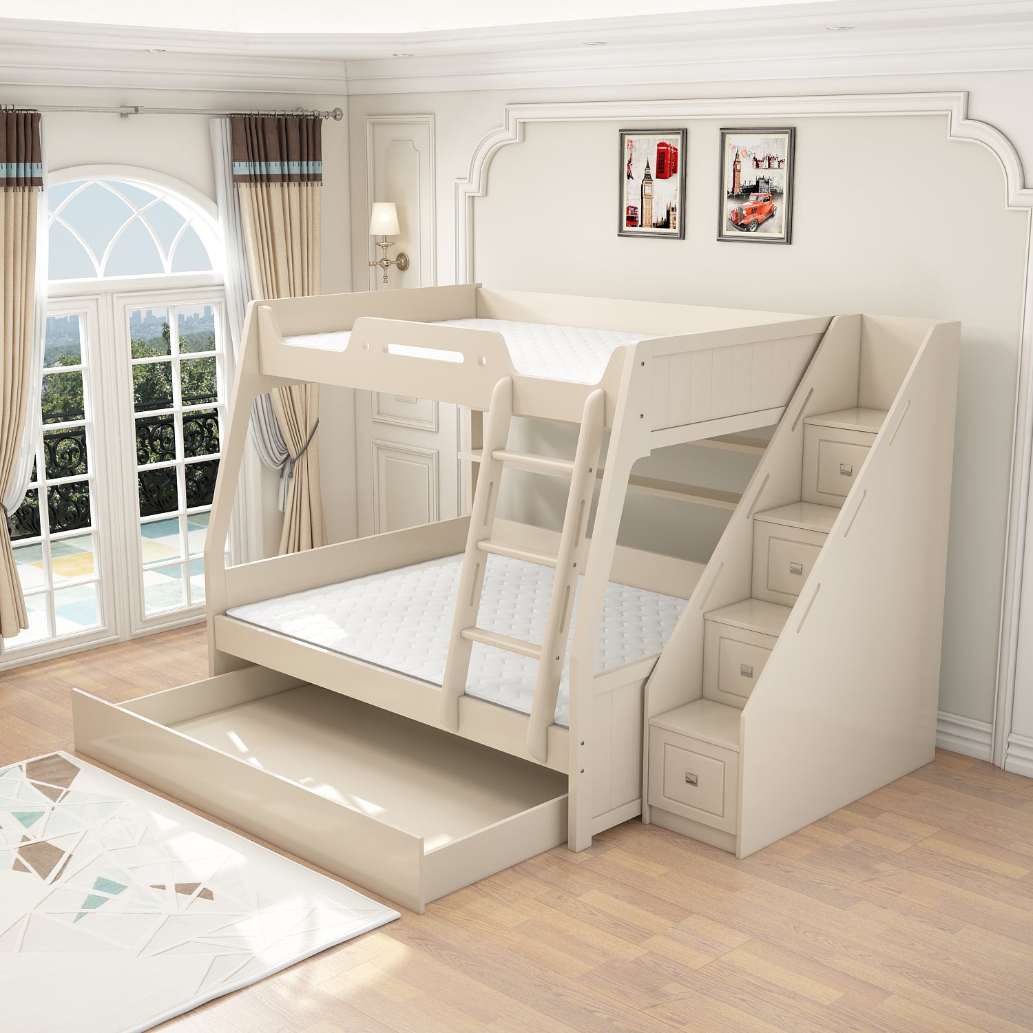 Contemporary Wood White Mattress Included with Drawers Rectangular Bunk Bed