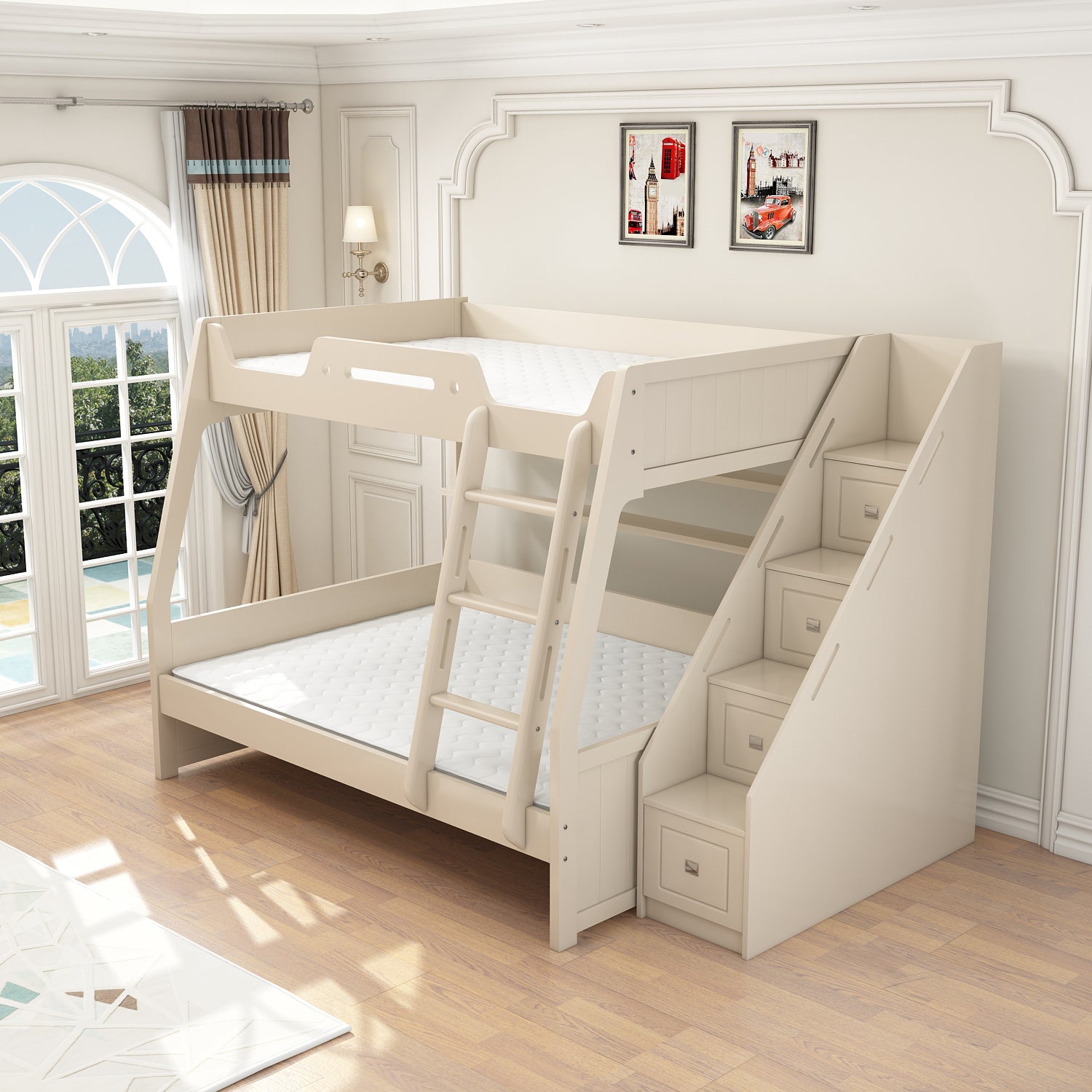 Contemporary Wood White Mattress Included with Drawers Rectangular Bunk Bed