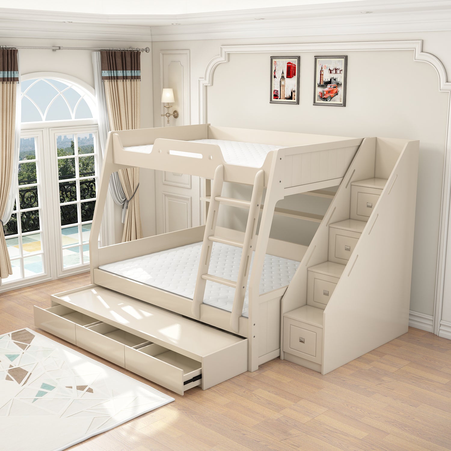 Contemporary Wood White Mattress Included with Drawers Rectangular Bunk Bed