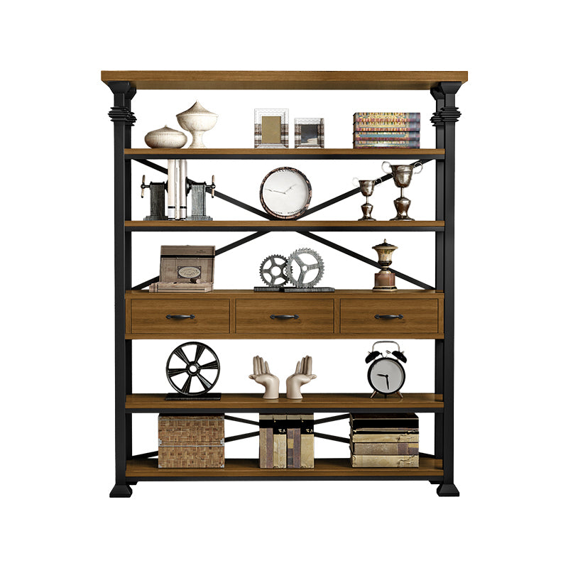 Open Back Standard Bookcase Industrial Wooden Bookshelf with Drawers