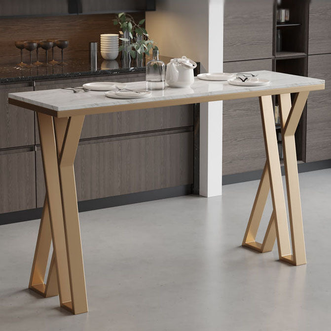 Glam Gold Double Pedestal Bar Dining Table Rectangle Stone Top Bar Height Table