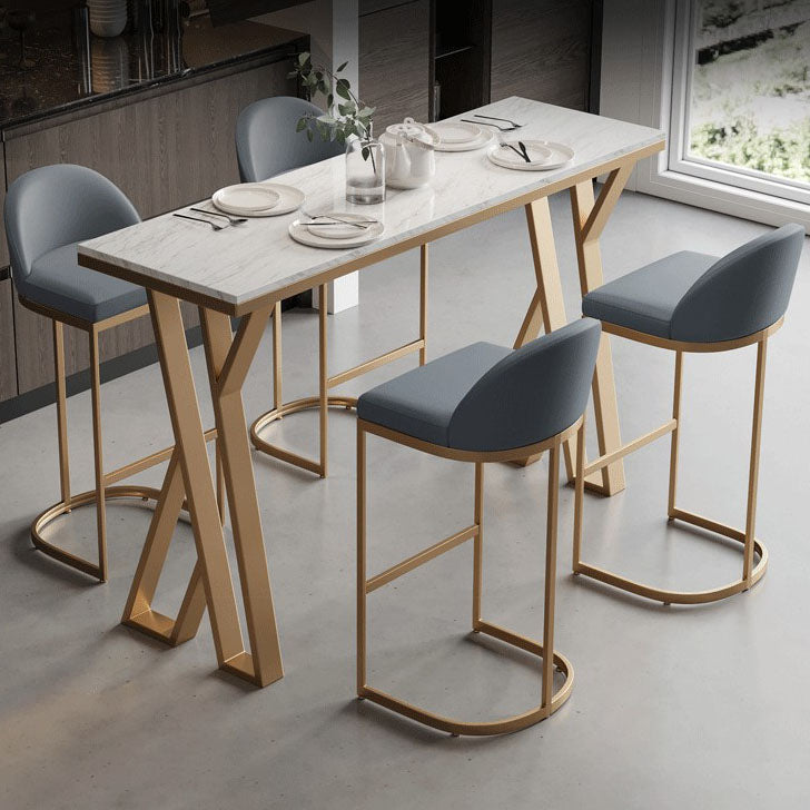 Glam Gold Double Pedestal Bar Dining Table Rectangle Stone Top Bar Height Table