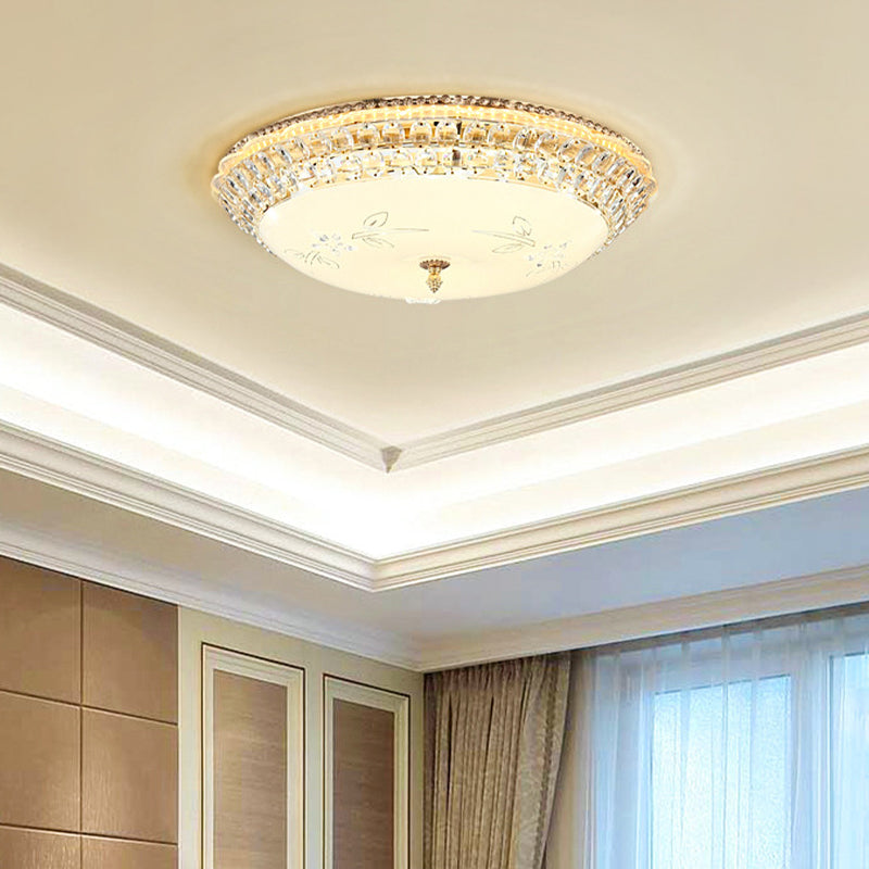 Dome White Glass Ceiling Light Modern LED Gold Flush Mount Lighting Fixture with Crystal Accent, 12"/16"/19.5" W