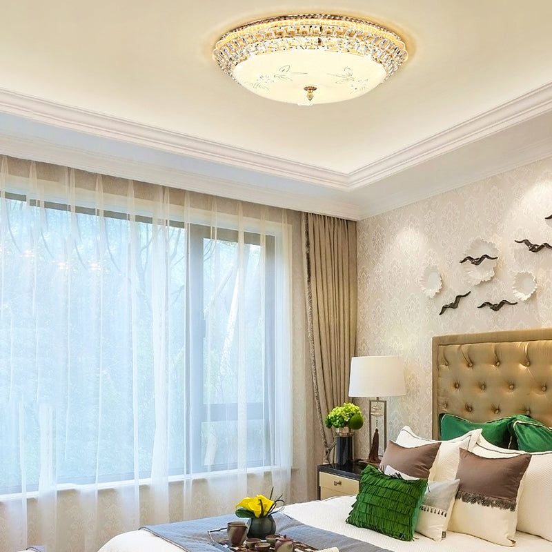 Dome White Glass Ceiling Light Modern LED Gold Flush Mount Lighting Fixture with Crystal Accent, 12"/16"/19.5" W