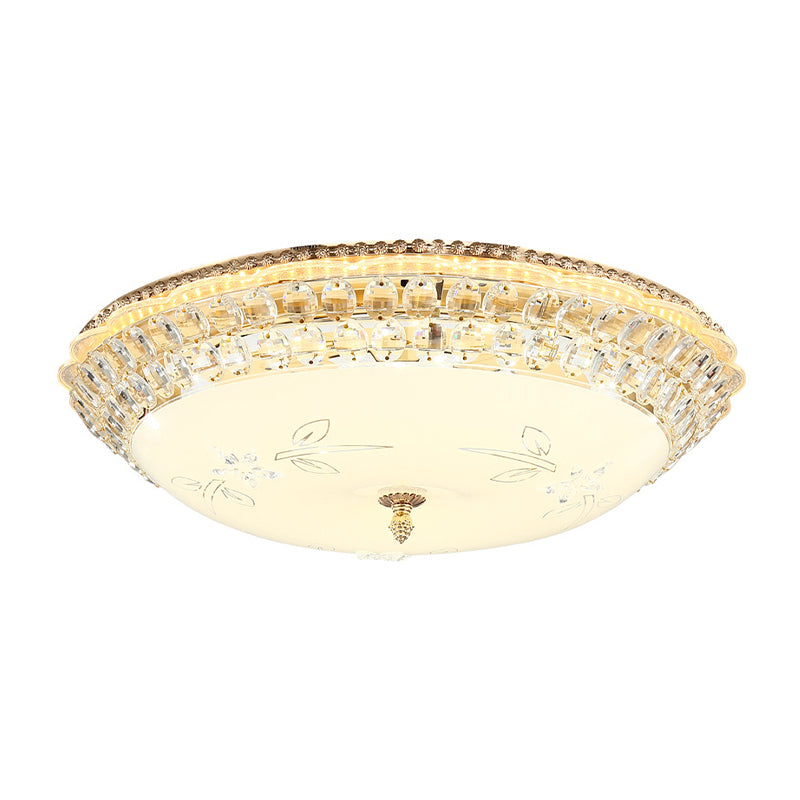 Dome White Glass Ceiling Light Modern LED Gold Flush Mount Lighting Fixture with Crystal Accent, 12"/16"/19.5" W