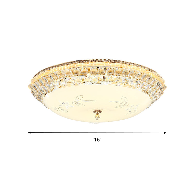 Dome White Glass Ceiling Light Modern LED Gold Flush Mount Lighting Fixture with Crystal Accent, 12"/16"/19.5" W