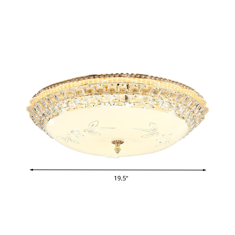 Dome White Glass Ceiling Light Modern LED Gold Flush Mount Lighting Fixture with Crystal Accent, 12"/16"/19.5" W