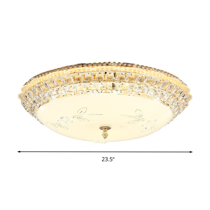 Dome White Glass Ceiling Light Modern LED Gold Flush Mount Lighting Fixture with Crystal Accent, 12"/16"/19.5" W