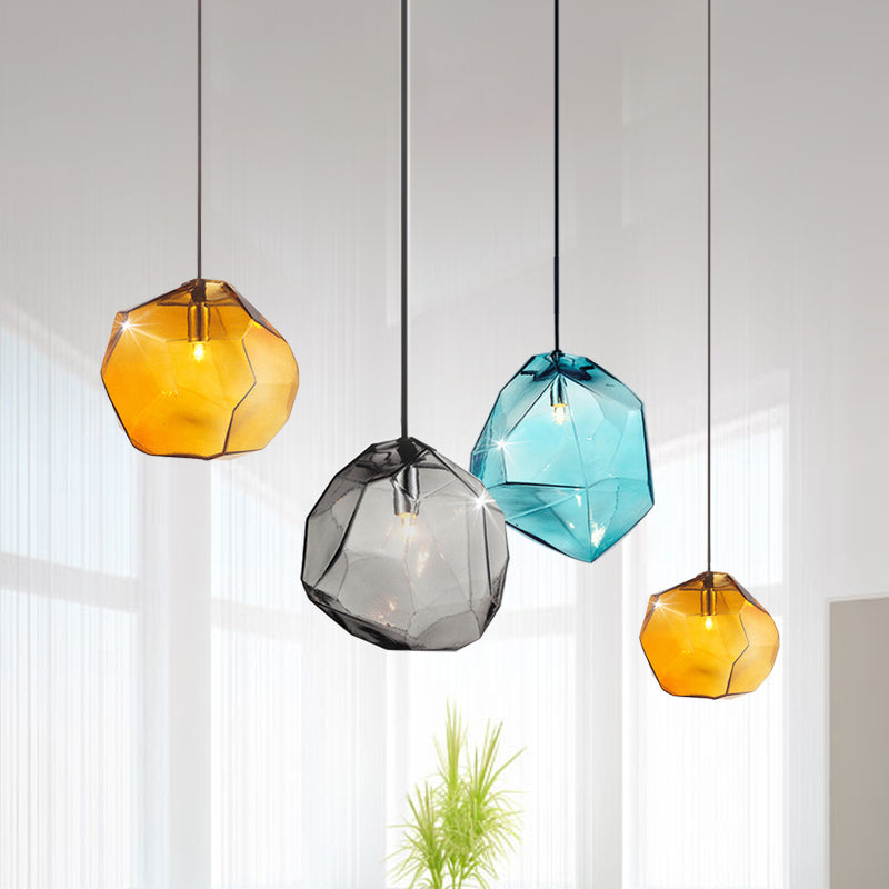 Faceted Grey/Orange/Purple Glass Pendant Lighting Contemporary 1 Light Dining Room Led Hanging Lamp Fixture