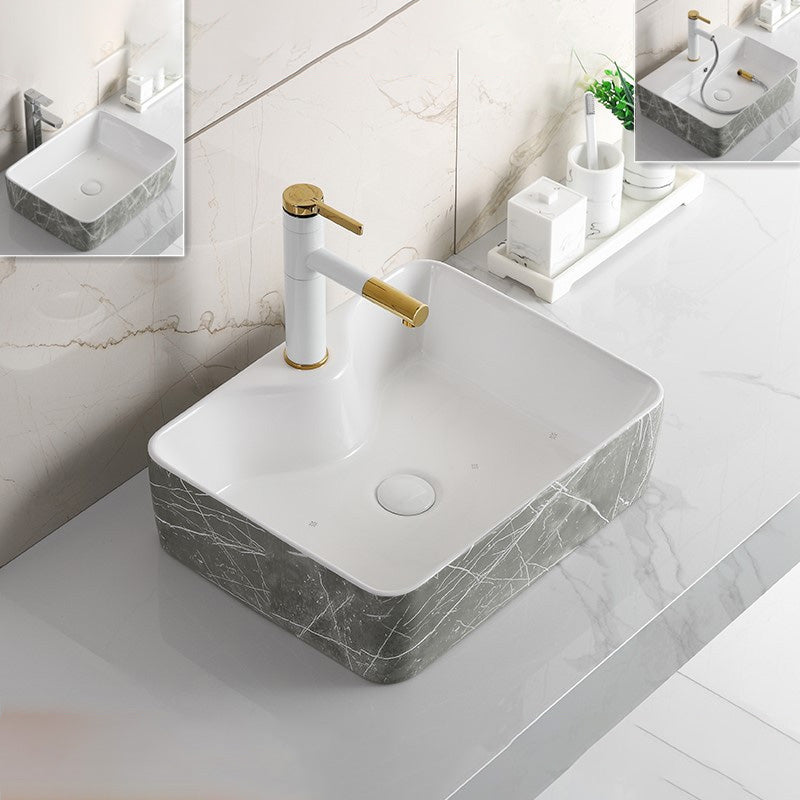 Modern Bathroom Sink Ceramic Marble Pattern Round Bathroom Sink with Pulling Faucet