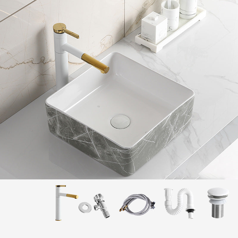 Modern Bathroom Sink Ceramic Marble Pattern Round Bathroom Sink with Pulling Faucet