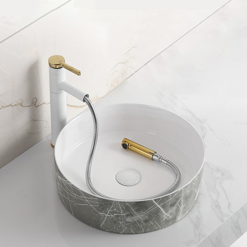 Modern Bathroom Sink Ceramic Marble Pattern Round Bathroom Sink with Pulling Faucet