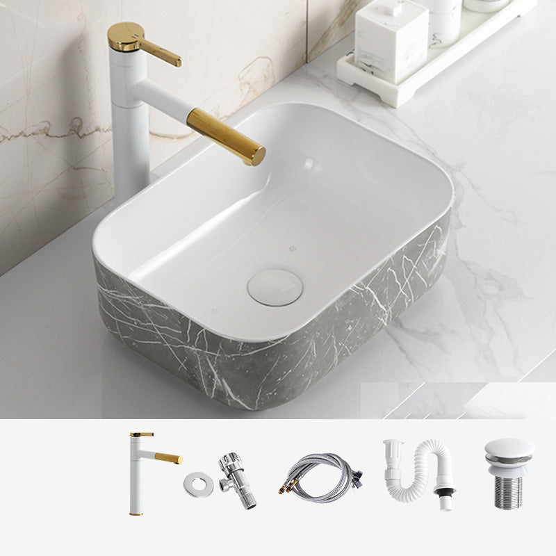Modern Bathroom Sink Ceramic Marble Pattern Round Bathroom Sink with Pulling Faucet