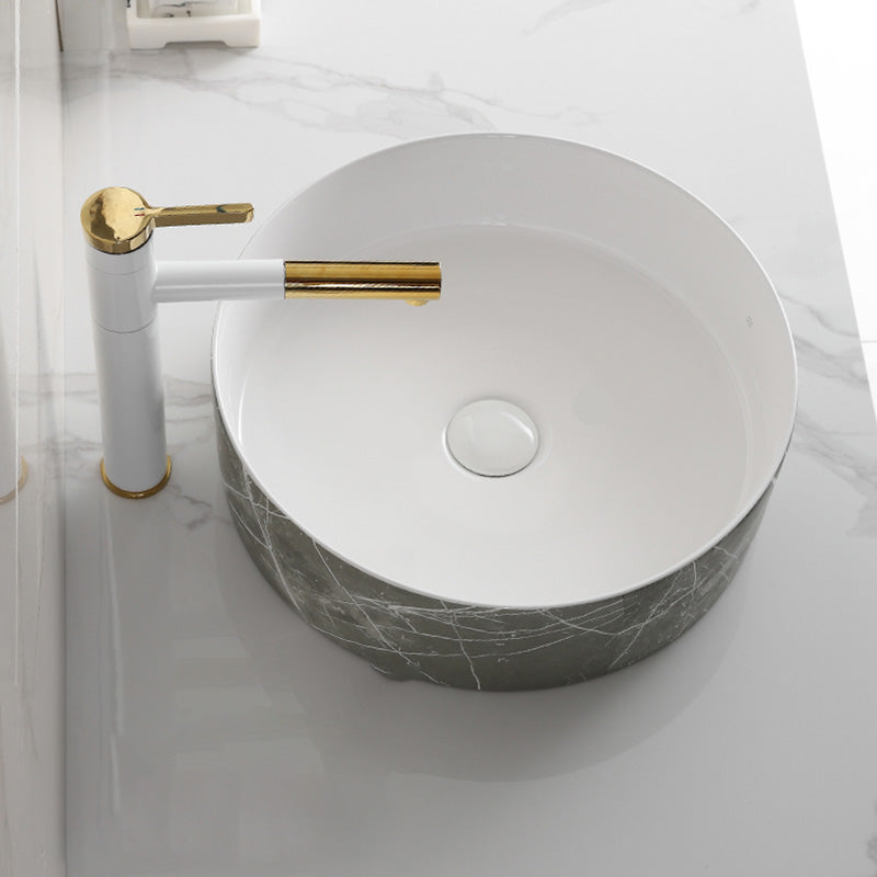 Modern Bathroom Sink Ceramic Marble Pattern Round Bathroom Sink with Pulling Faucet
