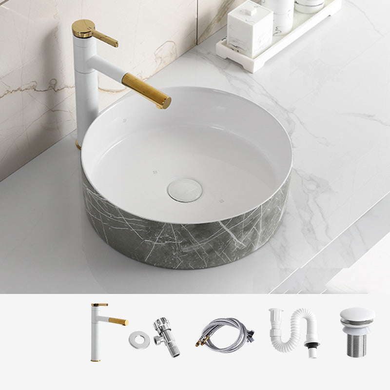 Modern Bathroom Sink Ceramic Marble Pattern Round Bathroom Sink with Pulling Faucet