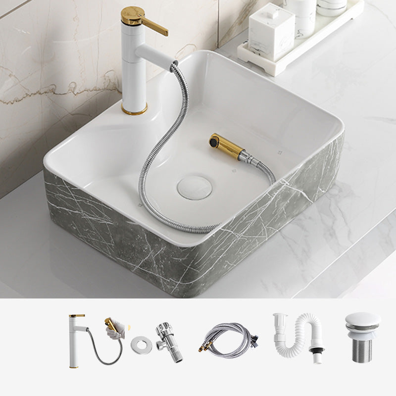 Modern Bathroom Sink Ceramic Marble Pattern Round Bathroom Sink with Pulling Faucet
