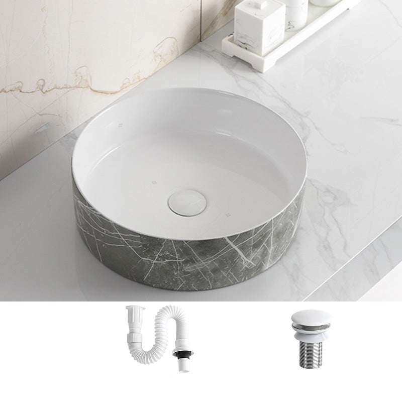 Modern Bathroom Sink Ceramic Marble Pattern Round Bathroom Sink with Pulling Faucet