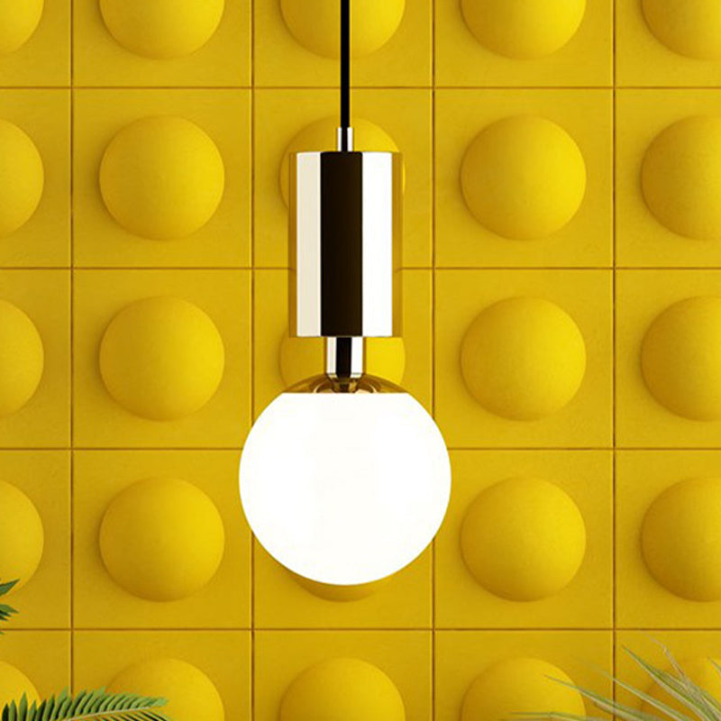 Milky Glass Sphere Pendant Lighting Minimalist 1 Head Black Ceiling Suspension Lamp, 8" Wide