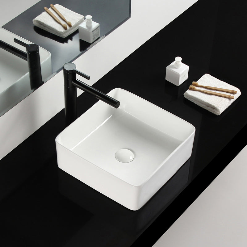 Bathroom Sink Ceramic White Square Black Faucet Bathroom Sink