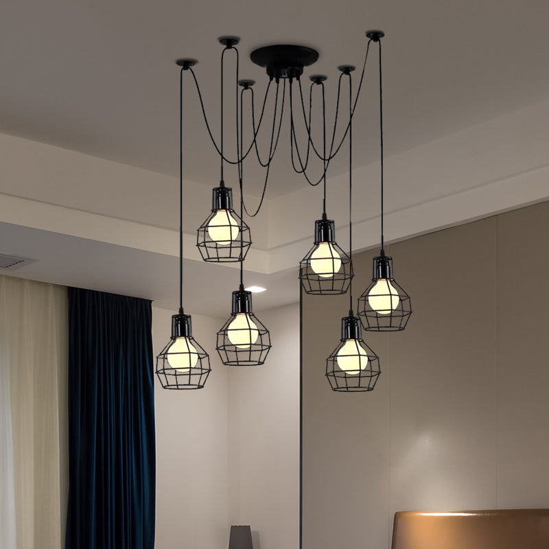 6 Bulbs Spider Pendant Hanging Light with Wire Guard Industrial Style Black/Gold Iron Ceiling Lamp for Dining Room